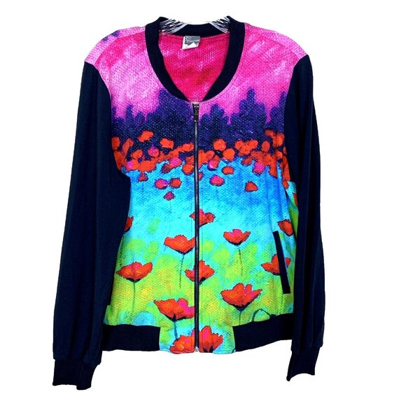 Simply Art By Dolcezza Womens M Jacket Stretch Abstract Print Zip Up Boho Pocket - Picture 1 of 12